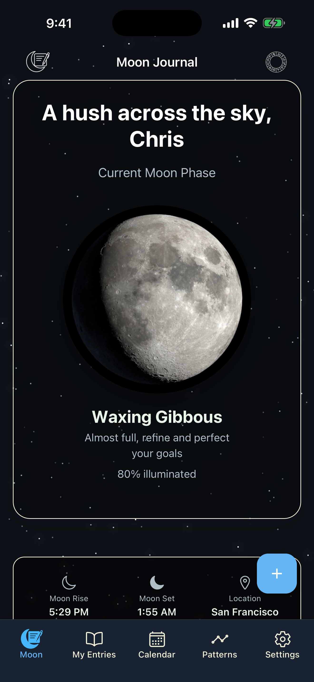 Moon-Journal home screen showing the current moon phase